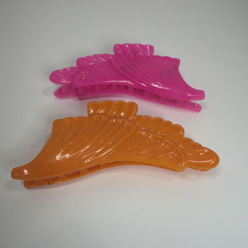2 VTG Hair Claw Clip Grabber Holder Wings Pink & Orange Plastic 5" Y2K Barrettes